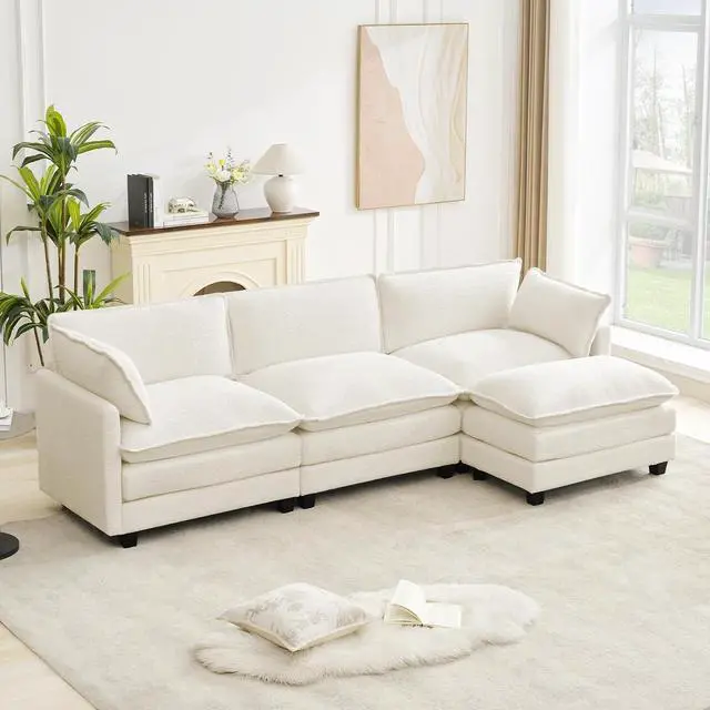 Main image of 112" L-Shaped Cloud Couch for Living Room, Oversized Modern Modular Sectional Sofa with Ottoman, Comfy 4-Seater Deep Seat couches with 2 Throw Pillow for Bedroom Apartment, Chenille Beige | Breathable