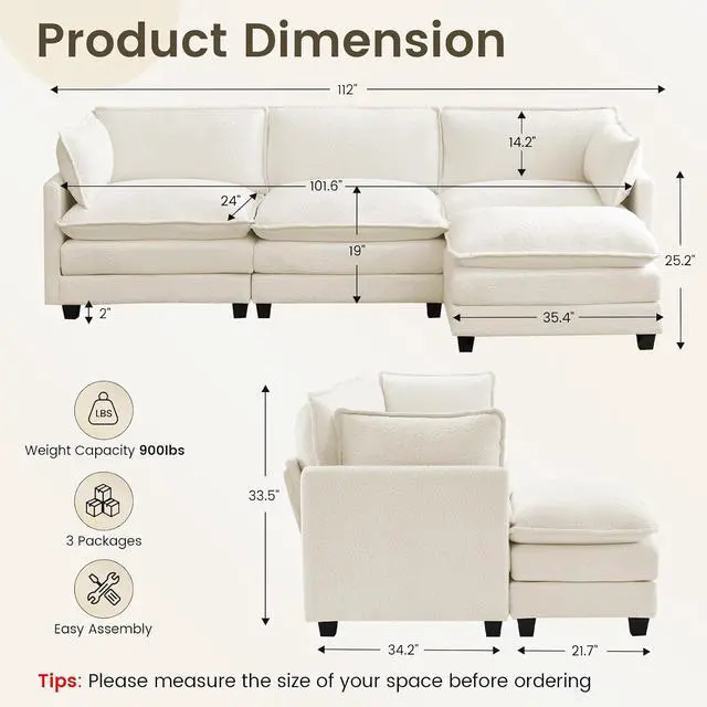Alt view image 2 of 7 - 112" L-Shaped Cloud Couch for Living Room, Oversized Modern Modular Sectional Sofa with Ottoman, Comfy 4-Seater Deep Seat couches with 2 Throw Pillow for Bedroom Apartment, Chenille Beige | Breathable