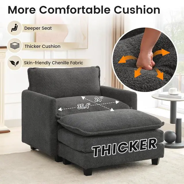 Alt view image 7 of 7 - Convertible Sectional Couch with Ottoman, Single Armchair with armrests, Modern Living Room Furniture Set, Small Couches for Small Spaces, for Living Room, Chenille, Charcoal Grey
