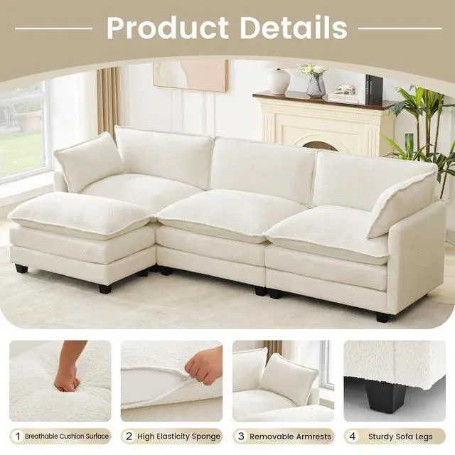 Alt view image 5 of 7 - 112" L-Shaped Cloud Couch for Living Room, Oversized Modern Modular Sectional Sofa with Ottoman, Comfy 4-Seater Deep Seat couches with 2 Throw Pillow for Bedroom Apartment, Chenille Beige | Breathable