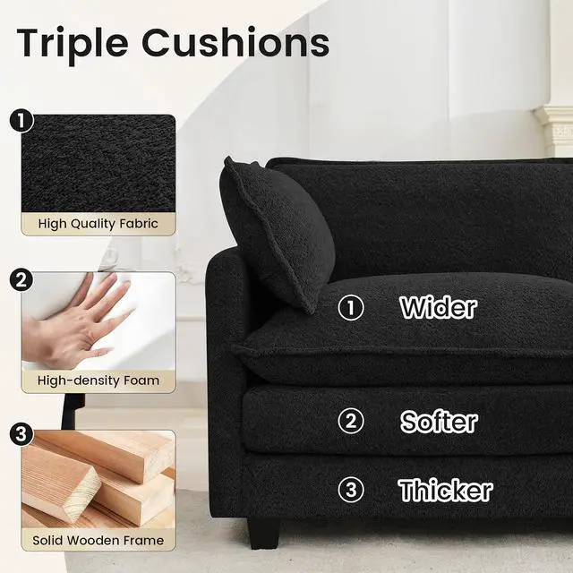 Alt view image 3 of 7 - 148" U-Shaped Cloud Couch for Living Room, Oversized Modern Modular Sectional Sofa with 2 Ottoman, Comfy 6-Seater Deep Seat couches with 2 Throw Pillow for Bedroom Apartment, Chenille Black | Breathab