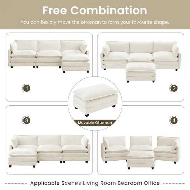 Alt view image 7 of 7 - 112" L-Shaped Cloud Couch for Living Room, Oversized Modern Modular Sectional Sofa with Ottoman, Comfy 4-Seater Deep Seat couches with 2 Throw Pillow for Bedroom Apartment, Chenille Beige | Breathable