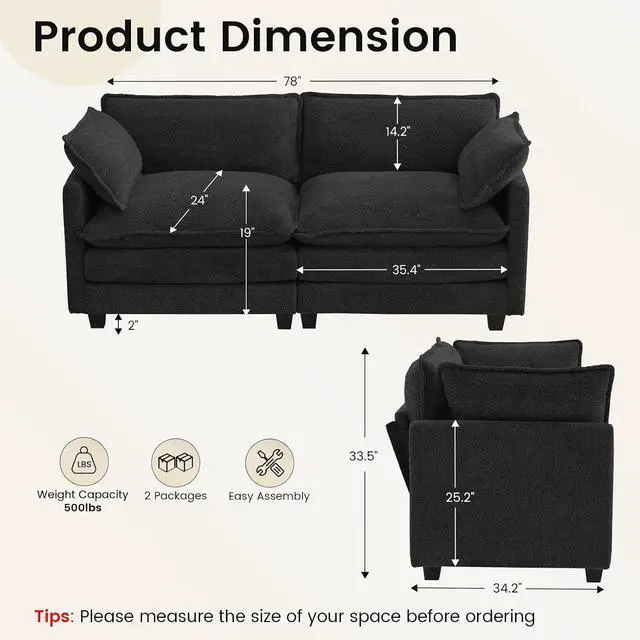 Alt view image 2 of 7 - Modular Loveseat Sectional Sofa, 78" Upholstered Loveseat, 2 Deep Seat Sofa Couch with 2 Throw Pillows for Small Space, Modern Comfy Cloud Couch for Living Room, Chenille, Black