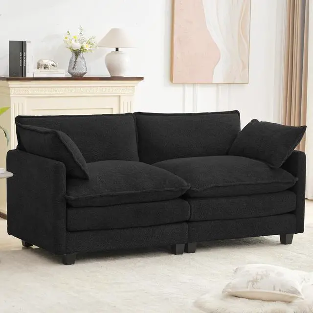 Alt view image 3 of 7 - Modular Loveseat Sectional Sofa, 78" Upholstered Loveseat, 2 Deep Seat Sofa Couch with 2 Throw Pillows for Small Space, Modern Comfy Cloud Couch for Living Room, Chenille, Black