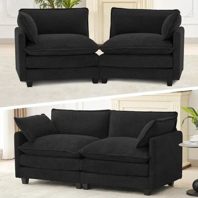 Alt view image 5 of 7 - Modular Loveseat Sectional Sofa, 78" Upholstered Loveseat, 2 Deep Seat Sofa Couch with 2 Throw Pillows for Small Space, Modern Comfy Cloud Couch for Living Room, Chenille, Black