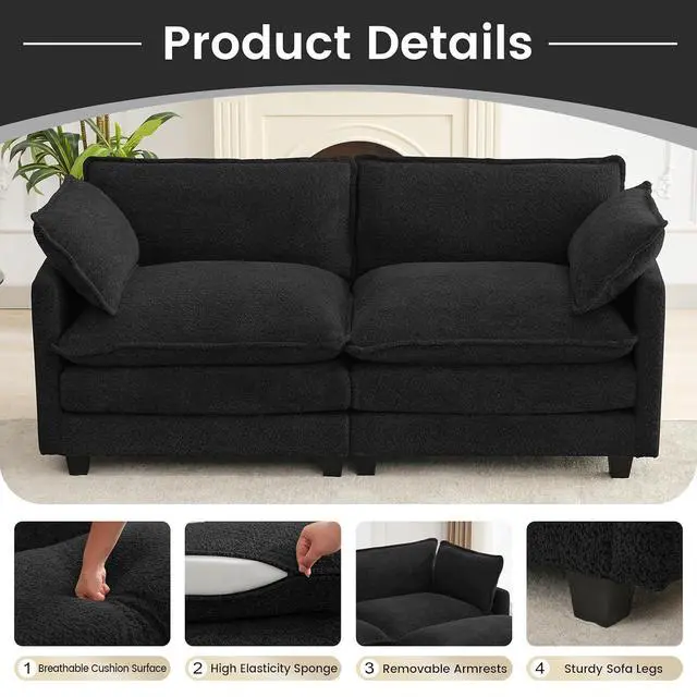 Alt view image 6 of 7 - Modular Loveseat Sectional Sofa, 78" Upholstered Loveseat, 2 Deep Seat Sofa Couch with 2 Throw Pillows for Small Space, Modern Comfy Cloud Couch for Living Room, Chenille, Black
