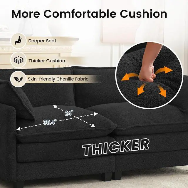 Alt view image 7 of 7 - Modular Loveseat Sectional Sofa, 78" Upholstered Loveseat, 2 Deep Seat Sofa Couch with 2 Throw Pillows for Small Space, Modern Comfy Cloud Couch for Living Room, Chenille, Black