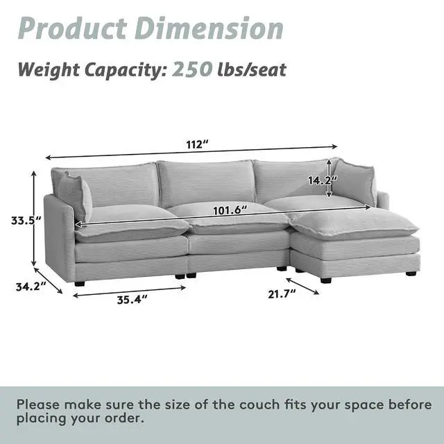 Alt view image 2 of 7 - 112" L-Shaped Cloud Couch for Living Room, Oversized Modern Modular Sectional Sofa with Ottoman, Comfy 4-Seater Deep Seat couches with 2 Throw Pillow for Bedroom Apartment, Corduroy Light Grey