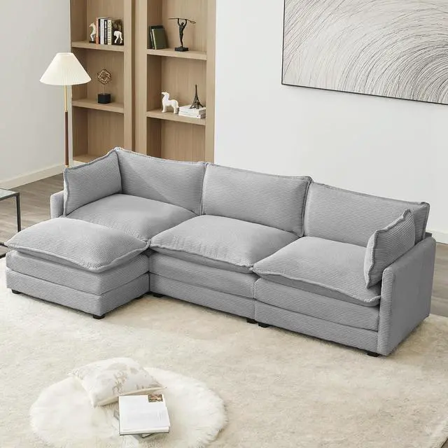 Main image of 112" L-Shaped Cloud Couch for Living Room, Oversized Modern Modular Sectional Sofa with Ottoman, Comfy 4-Seater Deep Seat couches with 2 Throw Pillow for Bedroom Apartment, Corduroy Light Grey