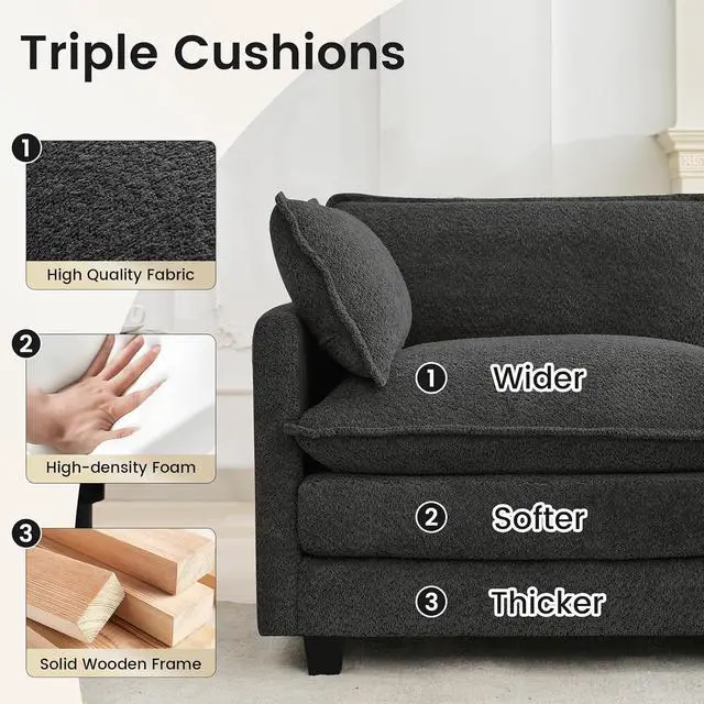 Alt view image 4 of 7 - 78" Cloud Loveseat Couch, Oversized Modern Modular Sectional Love Seat Couches, Comfy 2-Seater Deep Seat couches with 2 Throw Pillow for Small Spaces, Bedroom Apartment, Chenille Dark Grey | Breathabl