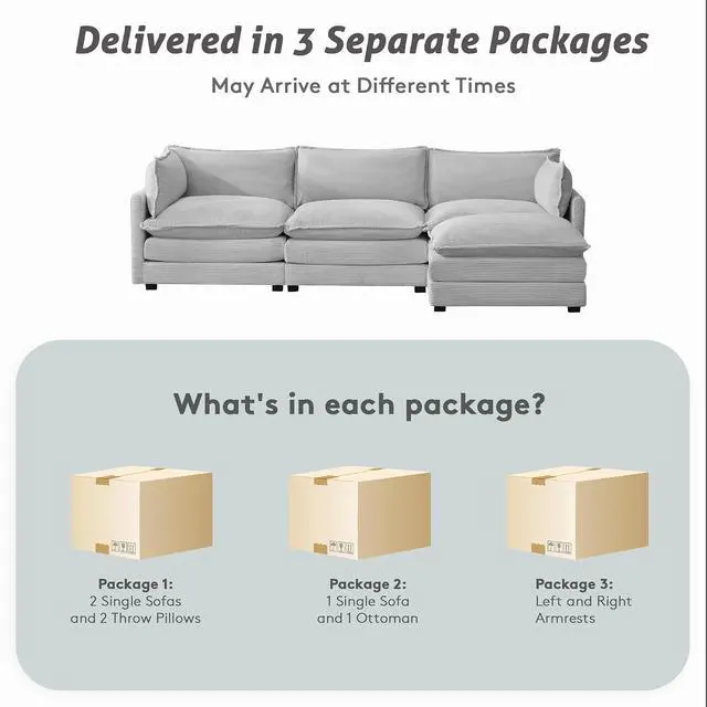 Alt view image 3 of 7 - 112" L-Shaped Cloud Couch for Living Room, Oversized Modern Modular Sectional Sofa with Ottoman, Comfy 4-Seater Deep Seat couches with 2 Throw Pillow for Bedroom Apartment, Corduroy Light Grey