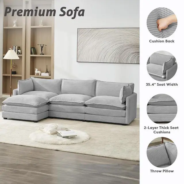 Alt view image 4 of 7 - 112" L-Shaped Cloud Couch for Living Room, Oversized Modern Modular Sectional Sofa with Ottoman, Comfy 4-Seater Deep Seat couches with 2 Throw Pillow for Bedroom Apartment, Corduroy Light Grey