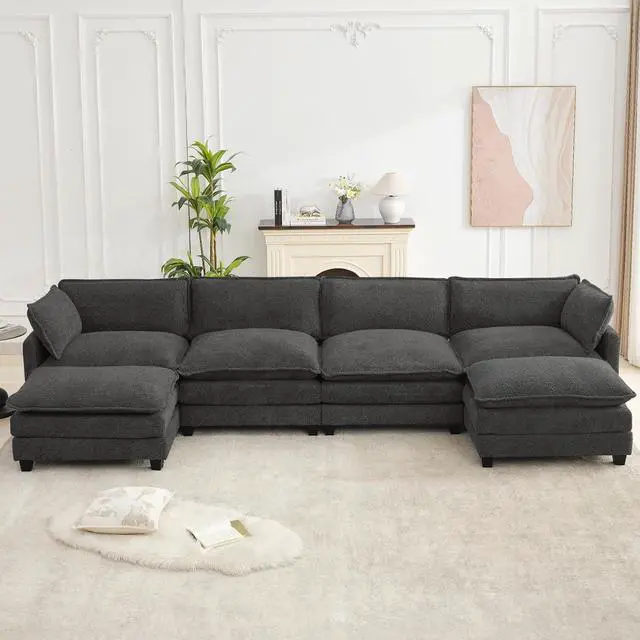 Main image of Oversized Modular Sectional Couch with 2 Movable Ottoman, 148" Modern Convertible U Shaped Sofa Set, 4 Seat Comfy Cloud Couch with 2 Throw Pillows, for Living Room, Chenille, Charcoal Grey