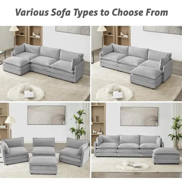 Alt view image 7 of 7 - 112" L-Shaped Cloud Couch for Living Room, Oversized Modern Modular Sectional Sofa with Ottoman, Comfy 4-Seater Deep Seat couches with 2 Throw Pillow for Bedroom Apartment, Corduroy Light Grey