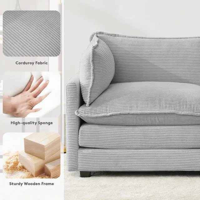 Alt view image 5 of 7 - 112" L-Shaped Cloud Couch for Living Room, Oversized Modern Modular Sectional Sofa with Ottoman, Comfy 4-Seater Deep Seat couches with 2 Throw Pillow for Bedroom Apartment, Corduroy Light Grey