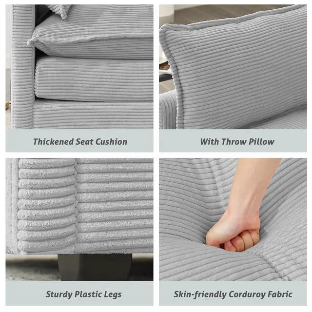 Alt view image 6 of 7 - 112" L-Shaped Cloud Couch for Living Room, Oversized Modern Modular Sectional Sofa with Ottoman, Comfy 4-Seater Deep Seat couches with 2 Throw Pillow for Bedroom Apartment, Corduroy Light Grey