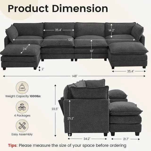 Alt view image 2 of 7 - Oversized Modular Sectional Couch with 2 Movable Ottoman, 148" Modern Convertible U Shaped Sofa Set, 4 Seat Comfy Cloud Couch with 2 Throw Pillows, for Living Room, Chenille, Charcoal Grey