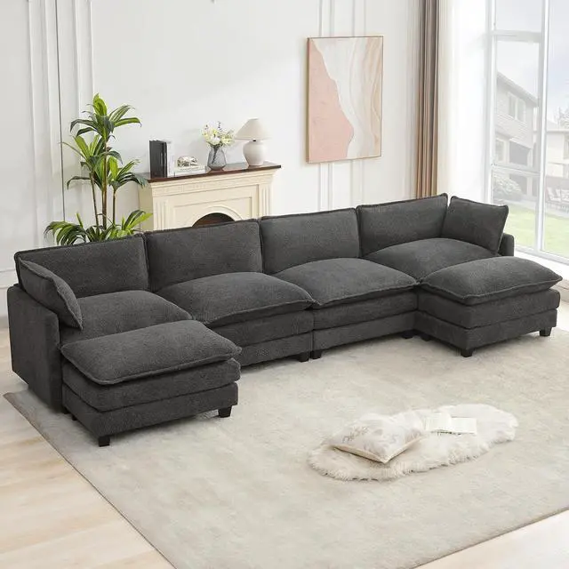 Alt view image 3 of 7 - Oversized Modular Sectional Couch with 2 Movable Ottoman, 148" Modern Convertible U Shaped Sofa Set, 4 Seat Comfy Cloud Couch with 2 Throw Pillows, for Living Room, Chenille, Charcoal Grey