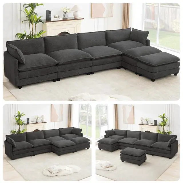 Alt view image 5 of 7 - Oversized Modular Sectional Couch with 2 Movable Ottoman, 148" Modern Convertible U Shaped Sofa Set, 4 Seat Comfy Cloud Couch with 2 Throw Pillows, for Living Room, Chenille, Charcoal Grey