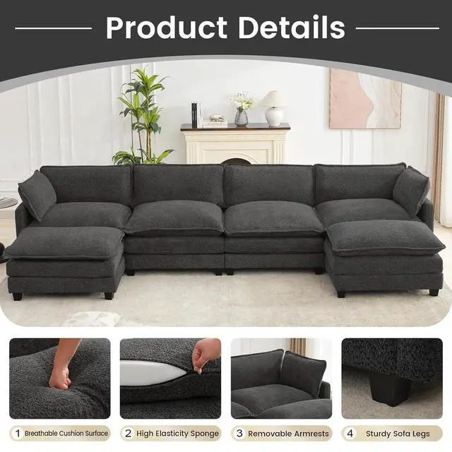 Alt view image 6 of 7 - Oversized Modular Sectional Couch with 2 Movable Ottoman, 148" Modern Convertible U Shaped Sofa Set, 4 Seat Comfy Cloud Couch with 2 Throw Pillows, for Living Room, Chenille, Charcoal Grey