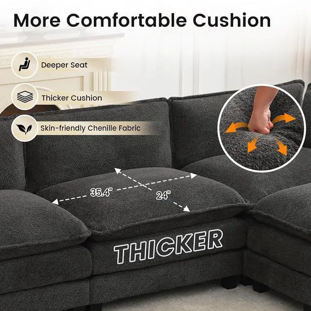 Alt view image 7 of 7 - Oversized Modular Sectional Couch with 2 Movable Ottoman, 148" Modern Convertible U Shaped Sofa Set, 4 Seat Comfy Cloud Couch with 2 Throw Pillows, for Living Room, Chenille, Charcoal Grey