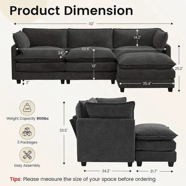 Alt view image 2 of 7 - 112" L-Shaped Cloud Couch for Living Room, Oversized Modern Modular Sectional Sofa with Ottoman, Comfy 4-Seater Deep Seat couches with 2 Throw Pillow for Bedroom Apartment, Chenille Dark Grey | Breath