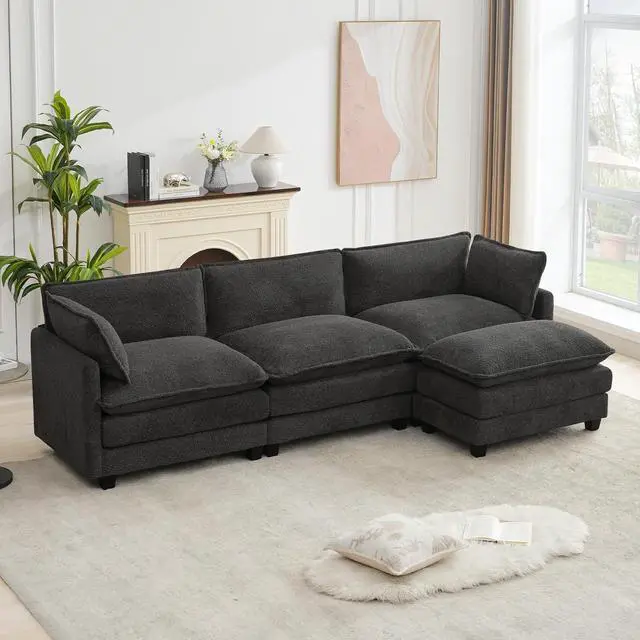 Alt view image 3 of 7 - 112" L-Shaped Cloud Couch for Living Room, Oversized Modern Modular Sectional Sofa with Ottoman, Comfy 4-Seater Deep Seat couches with 2 Throw Pillow for Bedroom Apartment, Chenille Dark Grey | Breath