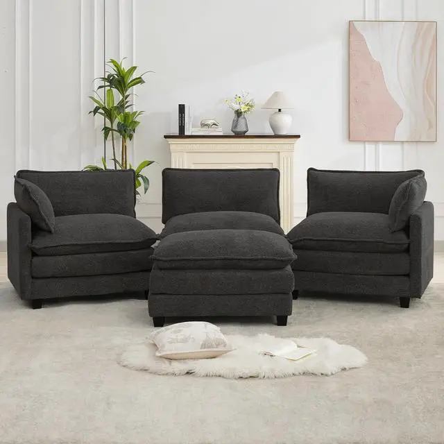 Alt view image 5 of 7 - 112" L-Shaped Cloud Couch for Living Room, Oversized Modern Modular Sectional Sofa with Ottoman, Comfy 4-Seater Deep Seat couches with 2 Throw Pillow for Bedroom Apartment, Chenille Dark Grey | Breath