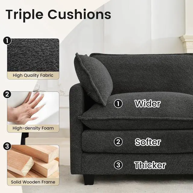 Alt view image 4 of 7 - 112" L-Shaped Cloud Couch for Living Room, Oversized Modern Modular Sectional Sofa with Ottoman, Comfy 4-Seater Deep Seat couches with 2 Throw Pillow for Bedroom Apartment, Chenille Dark Grey | Breath