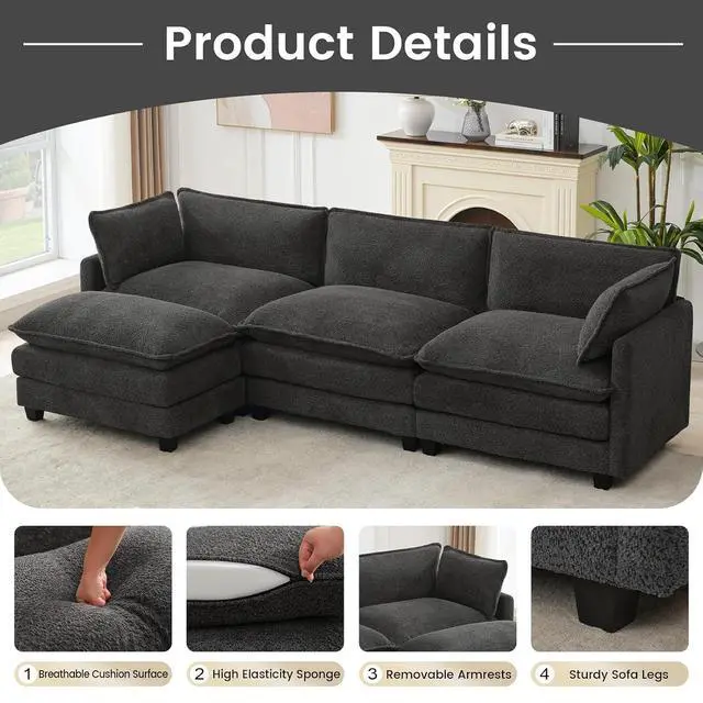Alt view image 6 of 7 - 112" L-Shaped Cloud Couch for Living Room, Oversized Modern Modular Sectional Sofa with Ottoman, Comfy 4-Seater Deep Seat couches with 2 Throw Pillow for Bedroom Apartment, Chenille Dark Grey | Breath