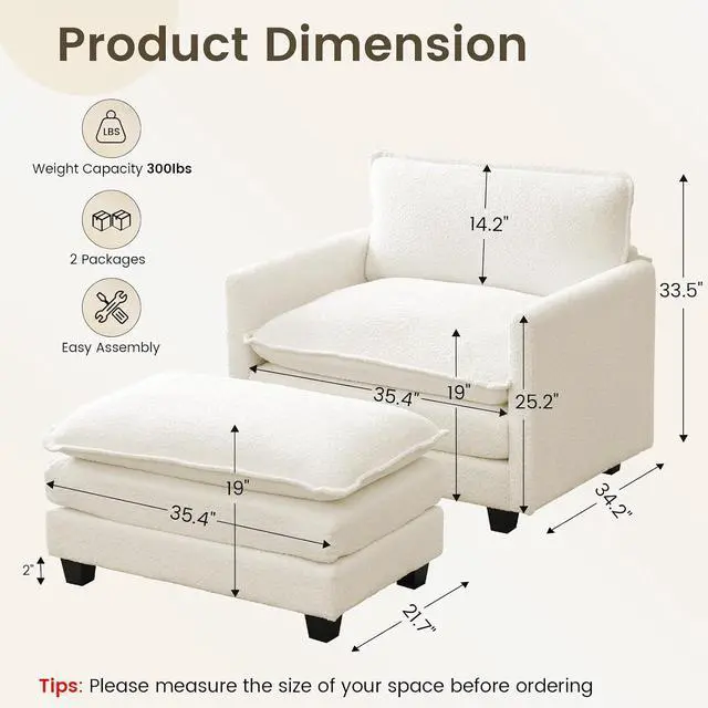 Alt view image 2 of 7 - Convertible Sectional Couch with Ottoman, Single Armchair with armrests, Modern Living Room Furniture Set, Small Couches for Small Spaces, for Living Room, Chenille, Beige
