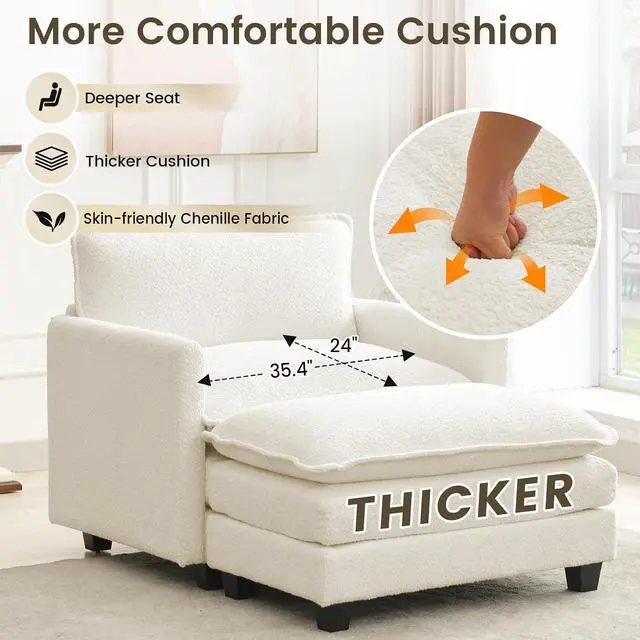 Alt view image 7 of 7 - Convertible Sectional Couch with Ottoman, Single Armchair with armrests, Modern Living Room Furniture Set, Small Couches for Small Spaces, for Living Room, Chenille, Beige