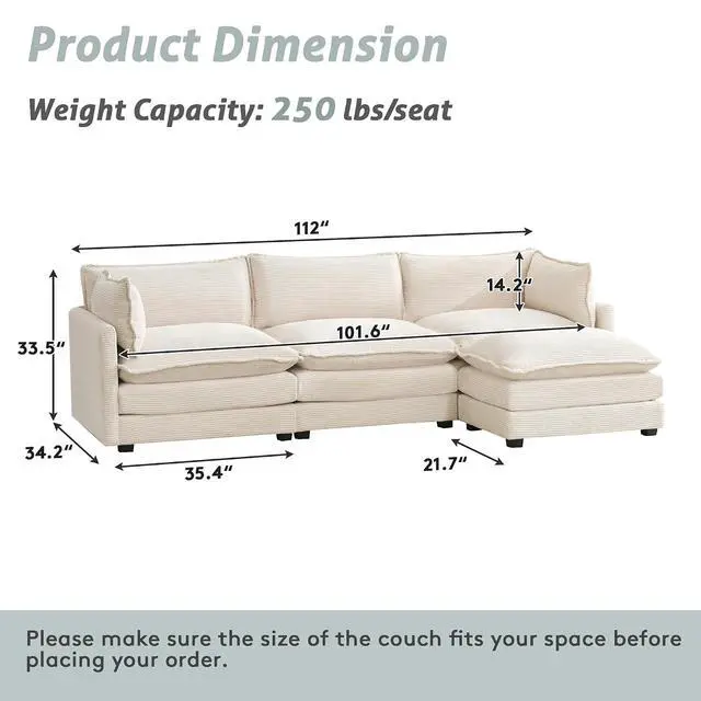 Alt view image 2 of 7 - 112" L-Shaped Cloud Couch for Living Room, Oversized Modern Modular Sectional Sofa with Ottoman, Comfy 4-Seater Deep Seat couches with 2 Throw Pillow for Bedroom and Apartment, Corduroy Beige | Breath