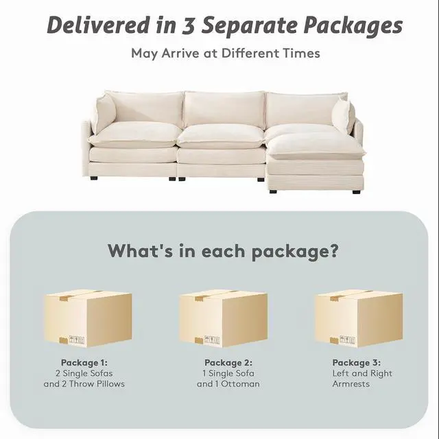 Alt view image 3 of 7 - 112" L-Shaped Cloud Couch for Living Room, Oversized Modern Modular Sectional Sofa with Ottoman, Comfy 4-Seater Deep Seat couches with 2 Throw Pillow for Bedroom and Apartment, Corduroy Beige | Breath