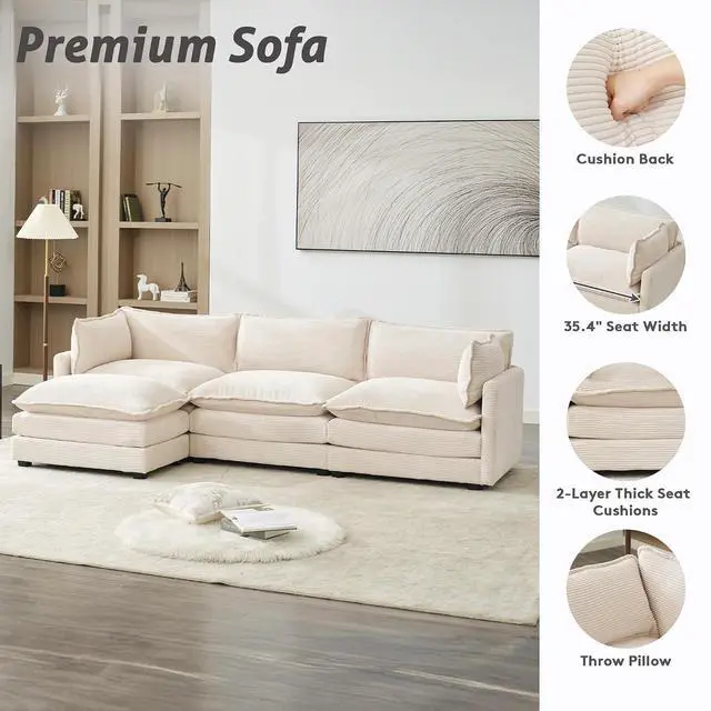 Alt view image 4 of 7 - 112" L-Shaped Cloud Couch for Living Room, Oversized Modern Modular Sectional Sofa with Ottoman, Comfy 4-Seater Deep Seat couches with 2 Throw Pillow for Bedroom and Apartment, Corduroy Beige | Breath