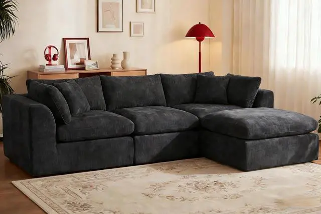 Main image of 110'' Oversized Cloud Sectional Boneless Couch for Living Room, Modern Big Compressed L Shape Couch with Ottoman & 2 Throw Pillows, Comfy Chenille Deep Seat Memory Foam Spineless 4 Seater Sofa,Black |