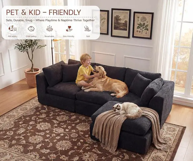 Alt view image 7 of 7 - 110'' Oversized Cloud Sectional Boneless Couch for Living Room, Modern Big Compressed L Shape Couch with Ottoman & 2 Throw Pillows, Comfy Chenille Deep Seat Memory Foam Spineless 4 Seater Sofa,Black |