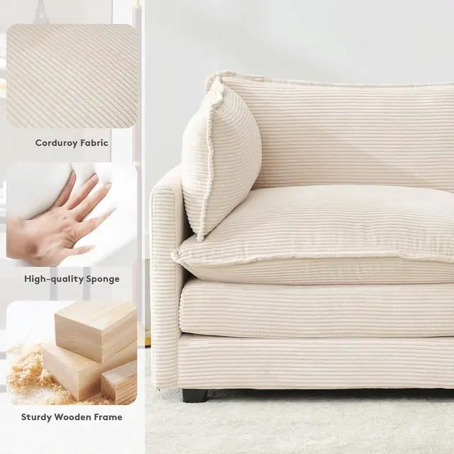 Alt view image 5 of 7 - 112" L-Shaped Cloud Couch for Living Room, Oversized Modern Modular Sectional Sofa with Ottoman, Comfy 4-Seater Deep Seat couches with 2 Throw Pillow for Bedroom and Apartment, Corduroy Beige | Breath