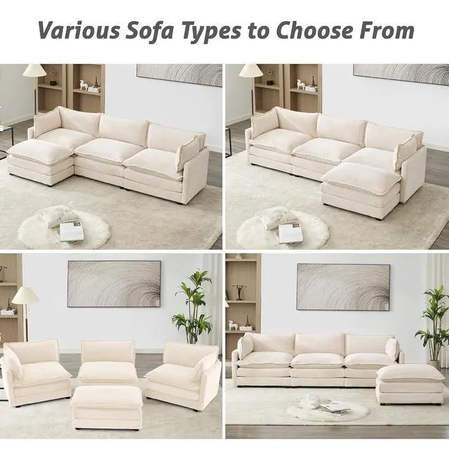 Alt view image 7 of 7 - 112" L-Shaped Cloud Couch for Living Room, Oversized Modern Modular Sectional Sofa with Ottoman, Comfy 4-Seater Deep Seat couches with 2 Throw Pillow for Bedroom and Apartment, Corduroy Beige | Breath