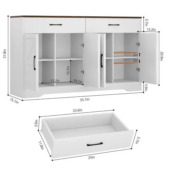 Alt view image 3 of 7 - 55" Sideboard Buffet Cabinet with Storage, Large Kitchen Storage Sideboard with Drawers & Doors, Modern Wood Farmhouse Coffee Bar Cabinet, Buffet Table for Kitchen, Dining Room, Living Room, White