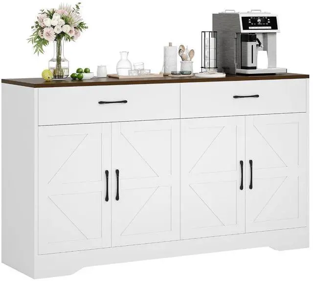 Main image of 55" Sideboard Buffet Cabinet with Storage, Large Kitchen Storage Sideboard with Drawers & Doors, Modern Wood Farmhouse Coffee Bar Cabinet, Buffet Table for Kitchen, Dining Room, Living Room, White