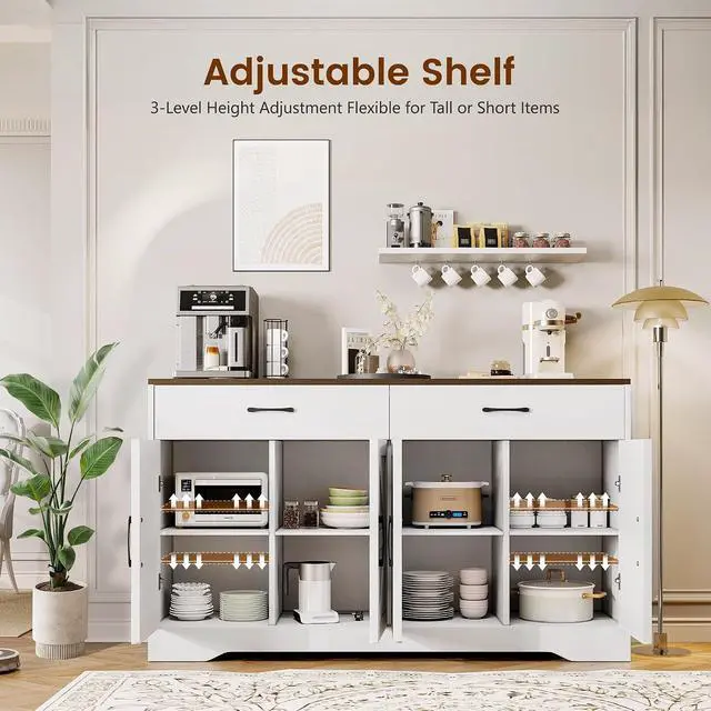 Alt view image 4 of 7 - 55" Sideboard Buffet Cabinet with Storage, Large Kitchen Storage Sideboard with Drawers & Doors, Modern Wood Farmhouse Coffee Bar Cabinet, Buffet Table for Kitchen, Dining Room, Living Room, White