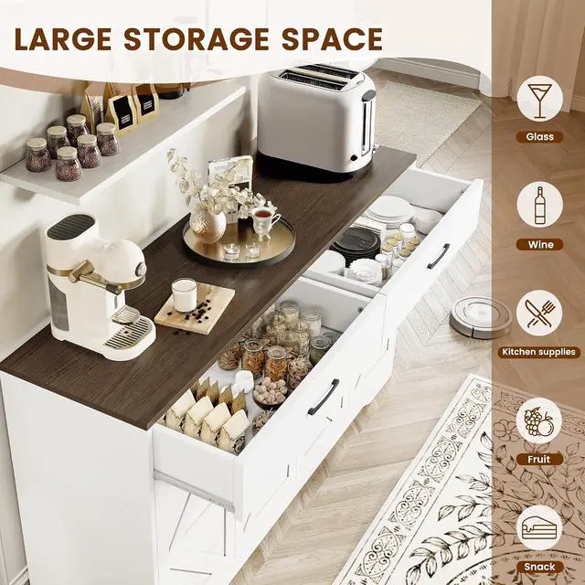 Alt view image 5 of 7 - 55" Sideboard Buffet Cabinet with Storage, Large Kitchen Storage Sideboard with Drawers & Doors, Modern Wood Farmhouse Coffee Bar Cabinet, Buffet Table for Kitchen, Dining Room, Living Room, White