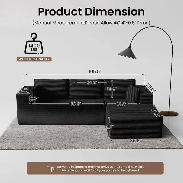 Alt view image 2 of 7 - 106" Cloud Sectional Boneless Couches for Living Room, Modular L Shaped Couch with Deep Seat Oversized Right Facing Chaise, Memory Foam Compressed Spineless 3 Seater Sofa for Apartment, Black