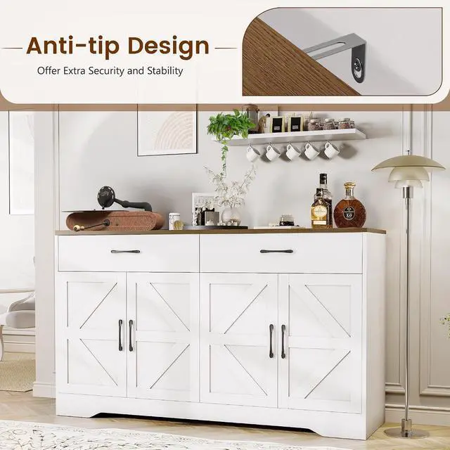 Alt view image 6 of 7 - 55" Sideboard Buffet Cabinet with Storage, Large Kitchen Storage Sideboard with Drawers & Doors, Modern Wood Farmhouse Coffee Bar Cabinet, Buffet Table for Kitchen, Dining Room, Living Room, White