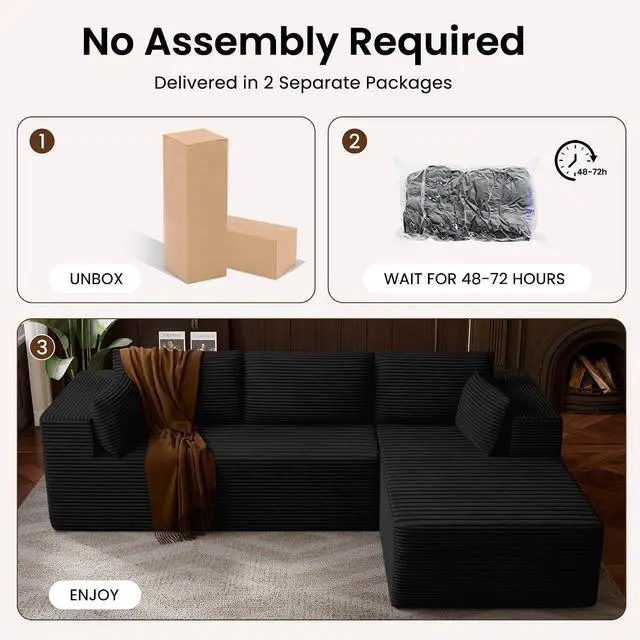 Alt view image 7 of 7 - 106" Cloud Sectional Boneless Couches for Living Room, Modular L Shaped Couch with Deep Seat Oversized Right Facing Chaise, Memory Foam Compressed Spineless 3 Seater Sofa for Apartment, Black