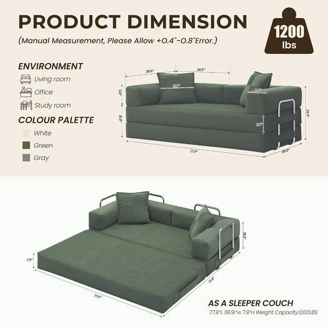 Alt view image 2 of 7 - 78 Inch Convertible Sofa Bed, 5-in-1 Futon Sofa Bed Pull Out Couch, Boneless Couch Bed for Living Room, Corduroy Boneless Couches for Bedroom, Apartment, No Assembly Sleeper Sofa Bed, Green