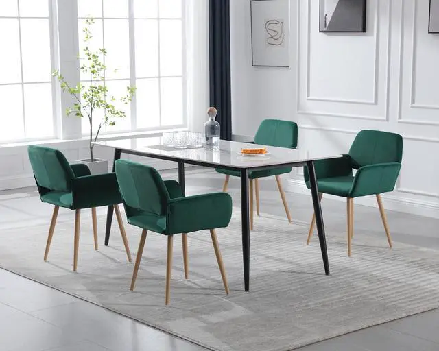 Alt view image 2 of 7 - Small Modern Dining Room Arm Chairs Set of 4, Mid-Century Upholstered Velvet Side Seat Club Guest with Metal Tube Legs for Kitchen, Living Room, Green