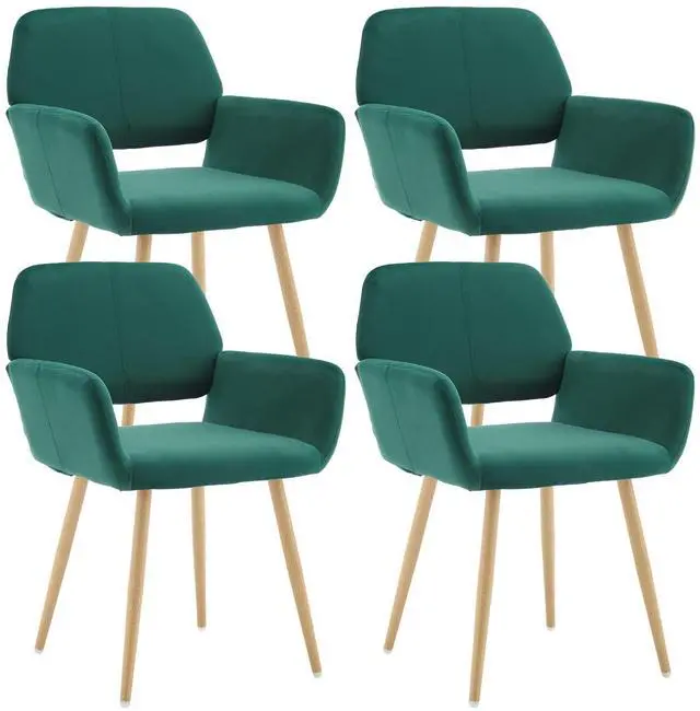Main image of Small Modern Dining Room Arm Chairs Set of 4, Mid-Century Upholstered Velvet Side Seat Club Guest with Metal Tube Legs for Kitchen, Living Room, Green