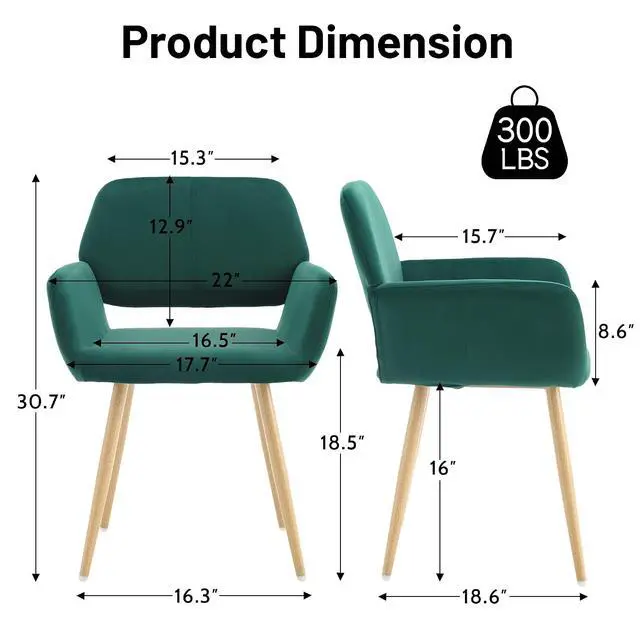 Alt view image 3 of 7 - Small Modern Dining Room Arm Chairs Set of 4, Mid-Century Upholstered Velvet Side Seat Club Guest with Metal Tube Legs for Kitchen, Living Room, Green